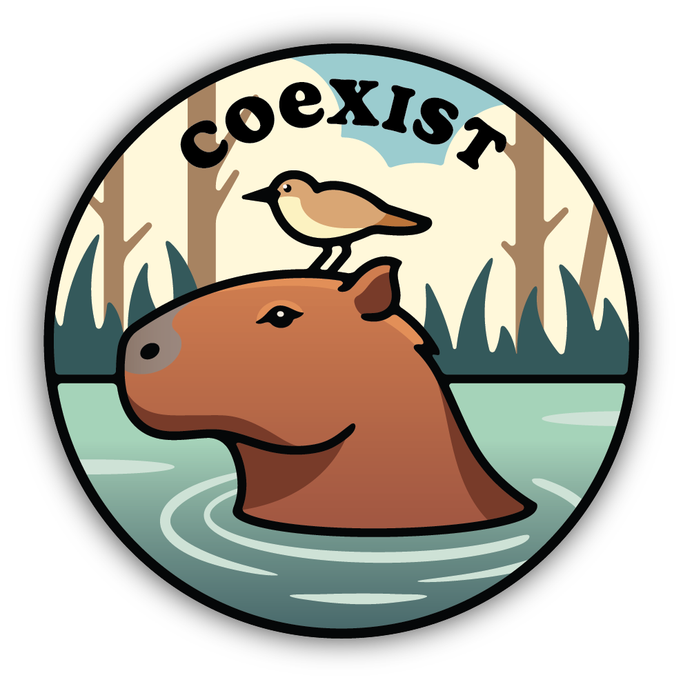 Circular sticker with a capybara, bird, and 'coexist' text against a nature background.