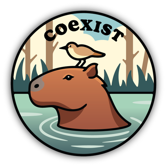 Circular sticker with a capybara, bird, and 'coexist' text against a nature background.