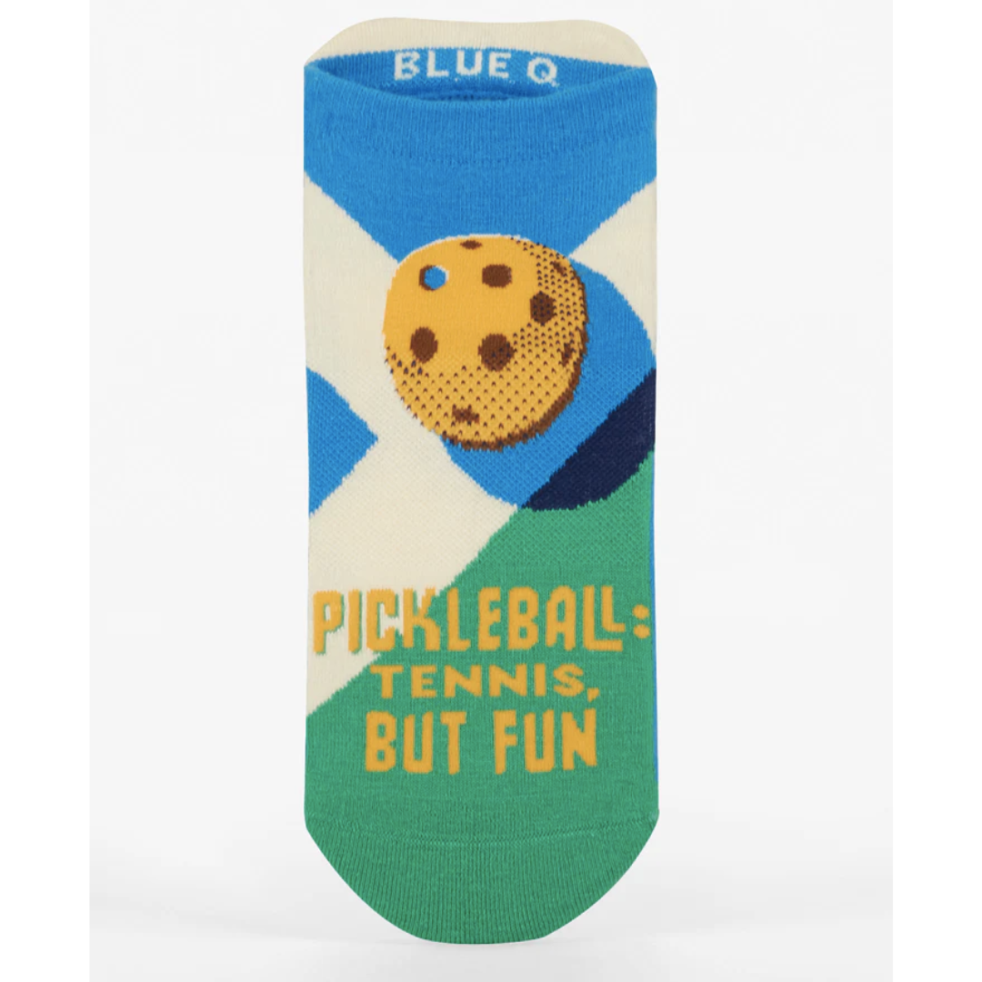 Blue, white, yellow, and green ankle sock with pickleball design that says "Pickleball: Tennis, but fun"