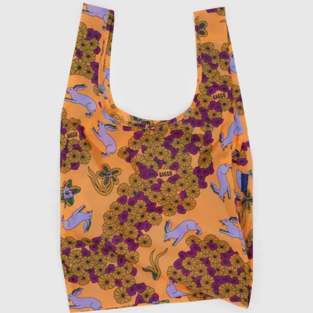 Reusable bag orange bag with flowers and rabbits