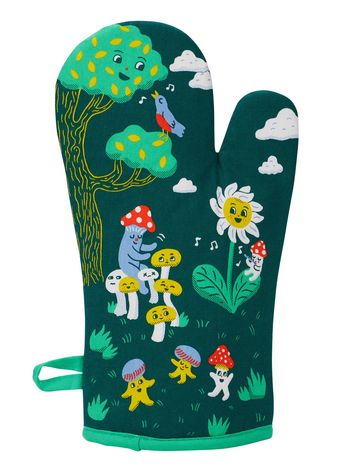 A dark teal oven mitt featuring a whimsical forest illustration with a smiling tree, blue bird, white clouds, colorful mushrooms, and a smiling flower, shown on a plain white background.