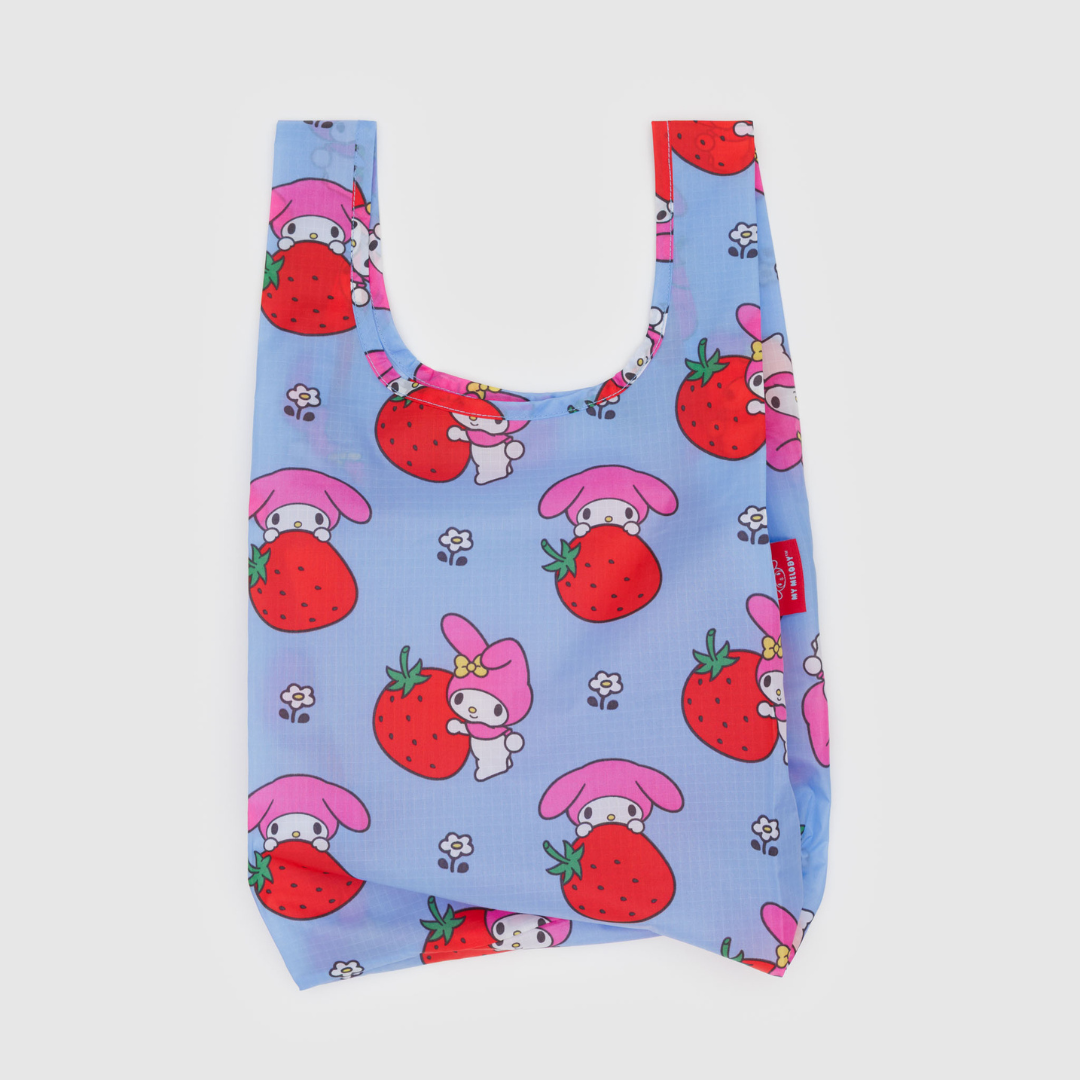 Reusable bag with strawberry and My Melody pattern on a light blue background