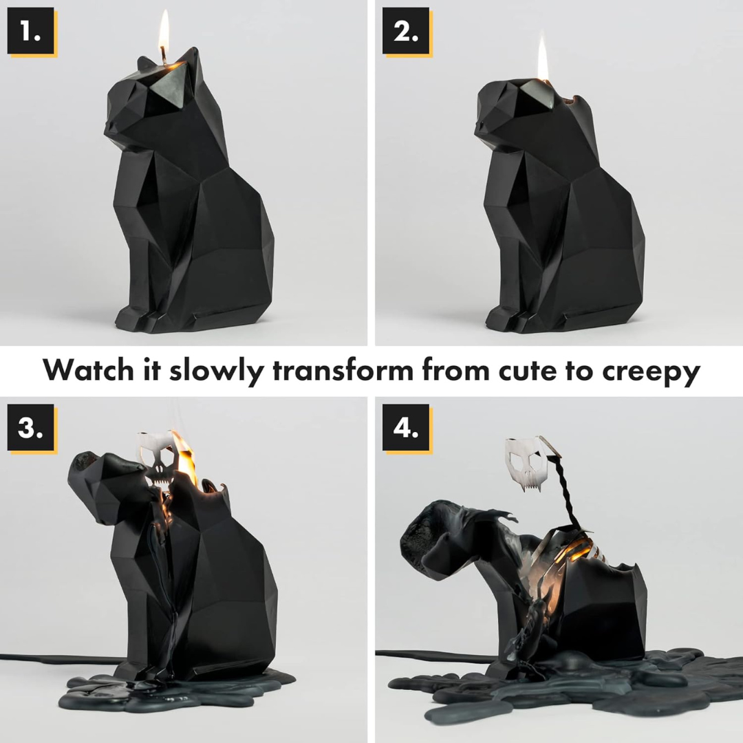 Black cat shaped candle shown in four different burn stages, slowly exposing metal skeleton once wax is melted.