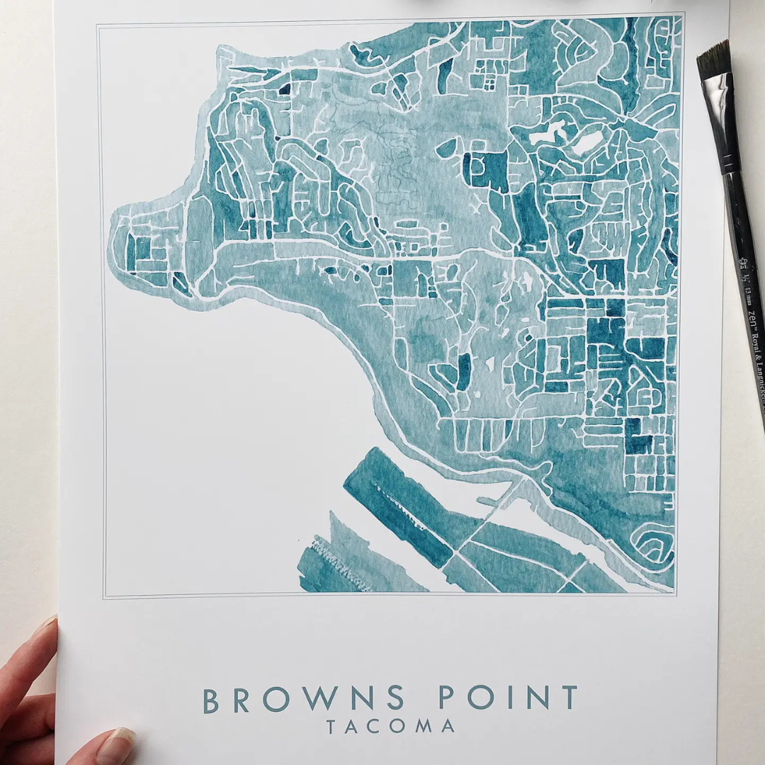 Tacoma map art print of the Browns Point neighborhood in aquamarine featuring the words "BROWNS POINT TACOMA" underneath it.