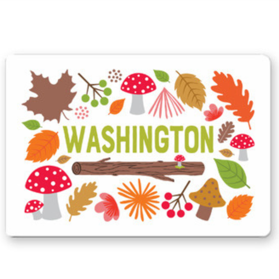 Metal magnet with a woodland theme of fall leaves, branches, and mushrooms that says "Washington"