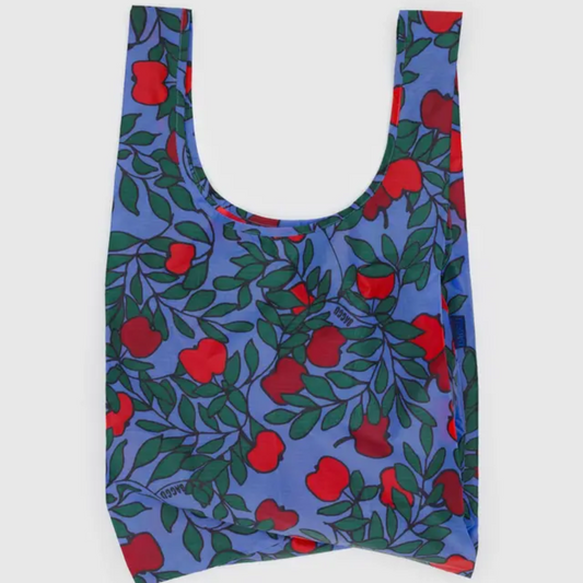 Blue shopping bag with green and red apple print