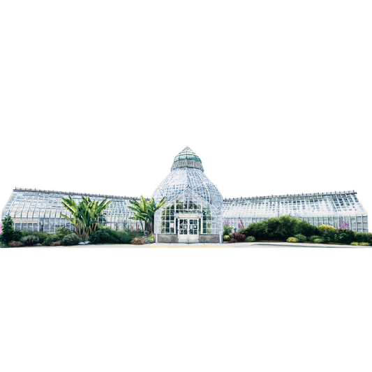 Watercolor painting of the W W Seymour Conservatory green house. Greenhouse is a Victorian style, with plants in and around it