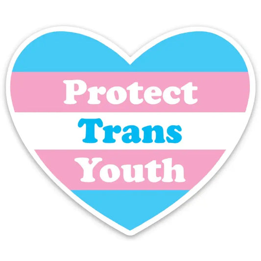 Heart shaped sticker with trans flag pink blue white stripes and "protect trans youth" in contrasting text