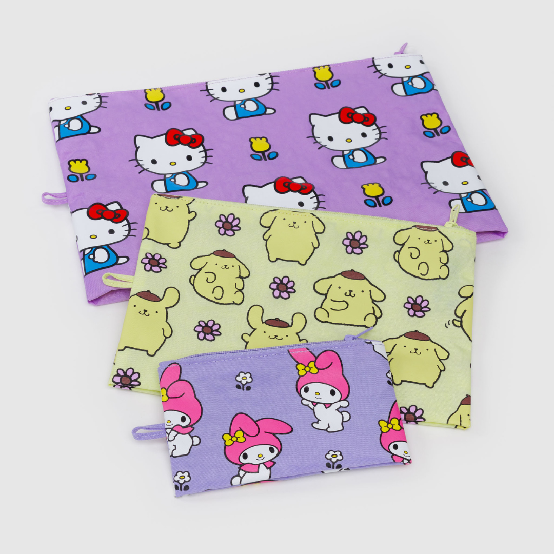 Three pouches with Hello Kitty, Pompompurin, and My Melody 