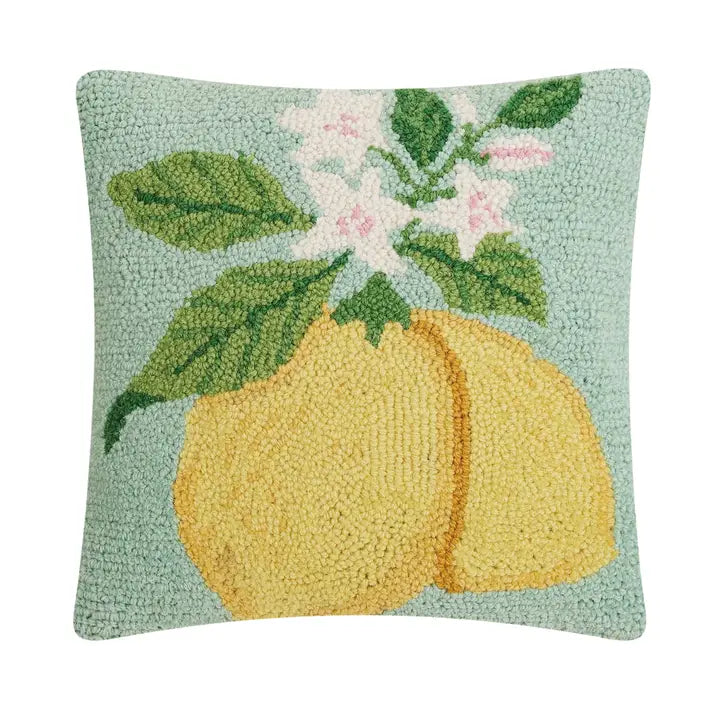 Pillow featuring two beautiful lemons and lemon blossoms