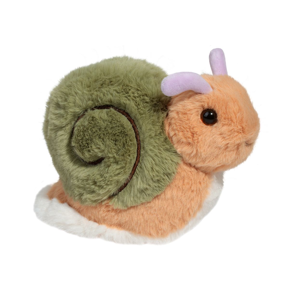 Plush toy snail with a green shell and brown body.