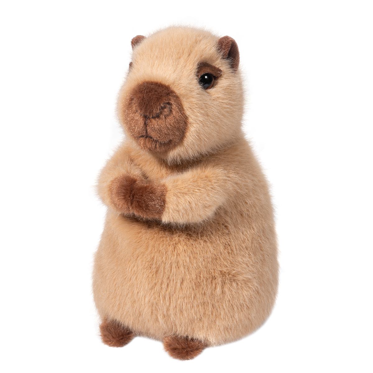 Cute capybera plush in brown and tan. Capybara has its hands together in front of him and sleepy eyes.