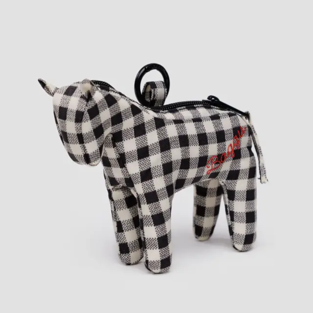 Gingham patterned horse shaped zippered pouch with "Baggu" embroidery