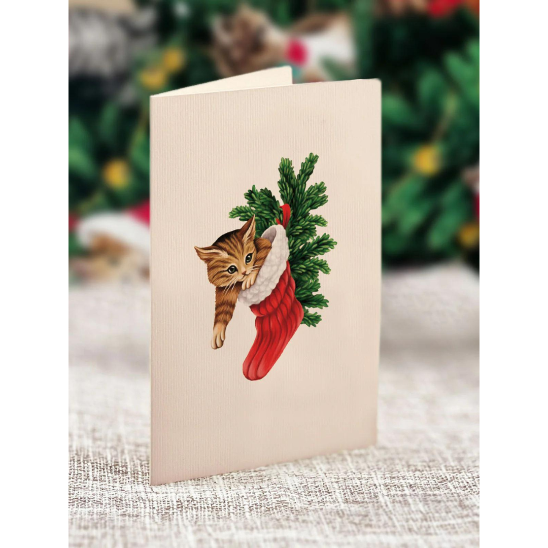 White greeting card featuring a cute orange kitten in a red stocking next to some greenery.