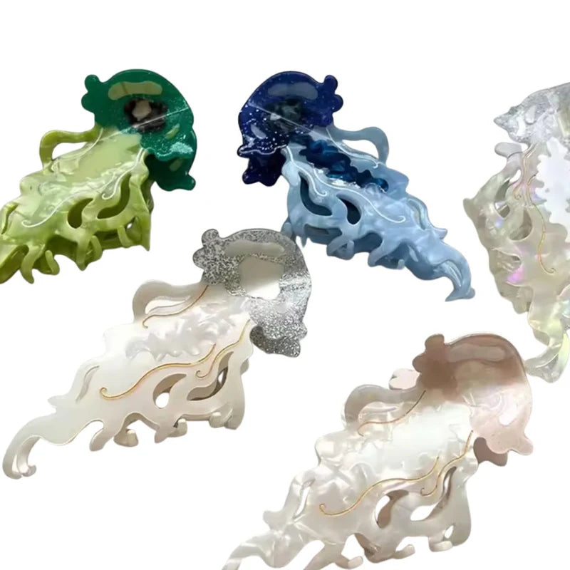 Several colorful jellyfish shaped hair claw clips.