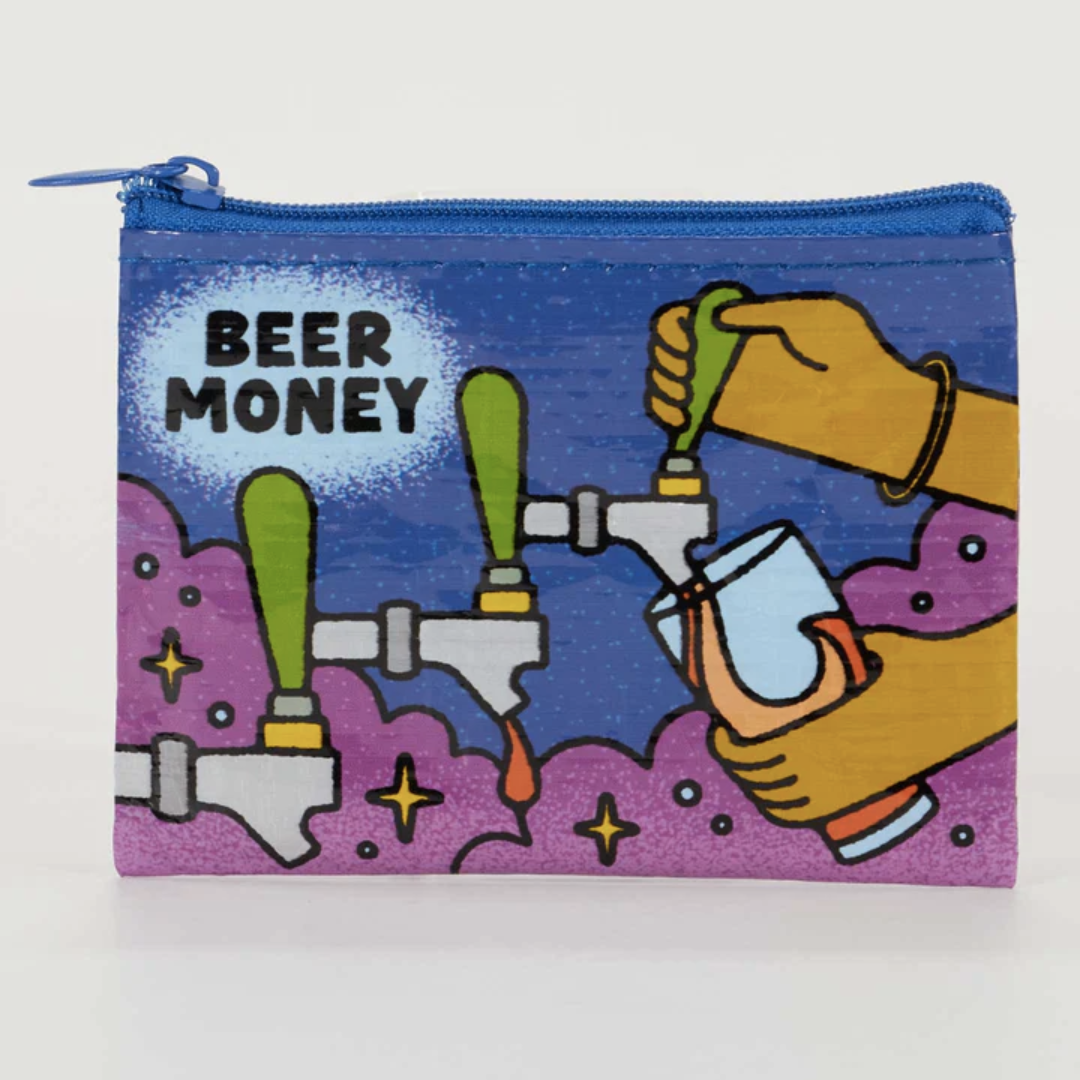 Coin purse with beer-themed design featuring a hand pouring beer from a tap.