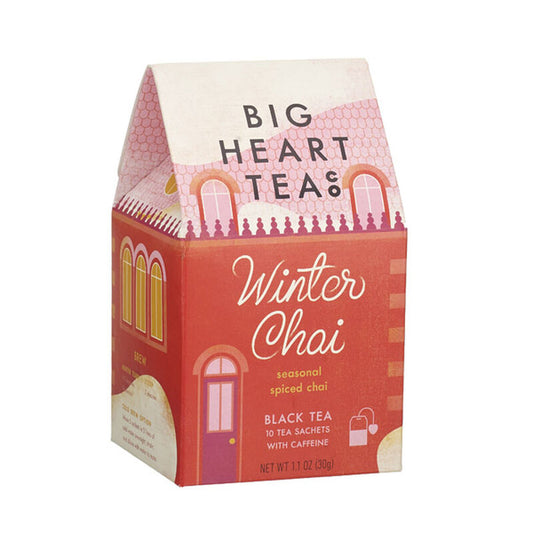 Big Heart Tea Co WInter Chai packaging looks like a cute red house in the snow