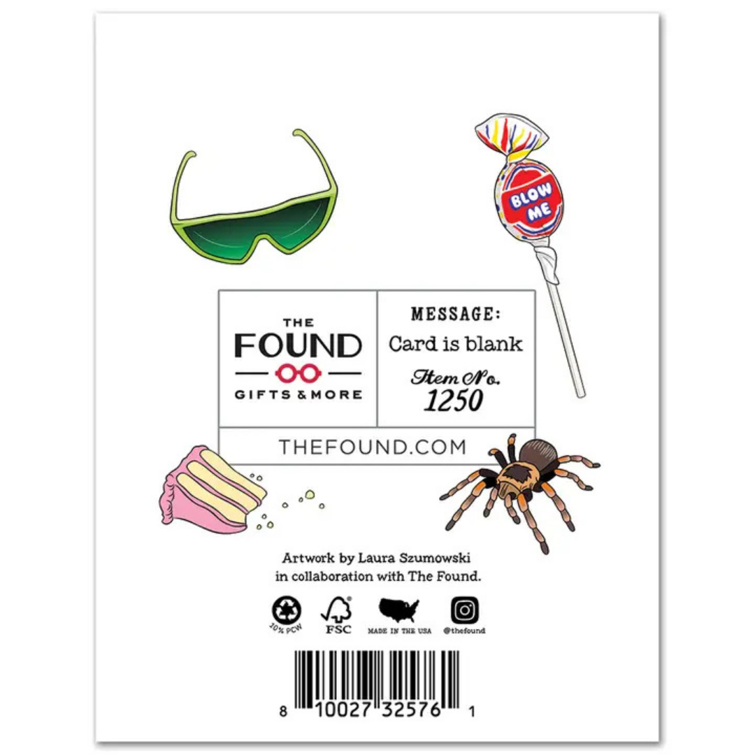 Back if card features illustrations of sunglasses, blow pop, cake, and a spider. Says card is blank
