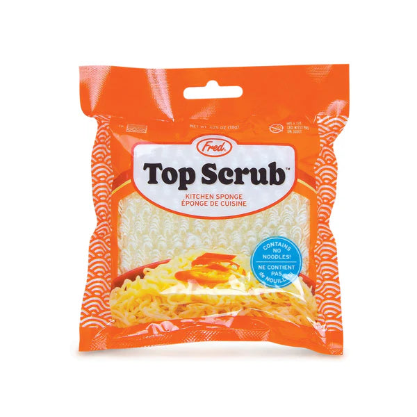 Packaged kitchen sponge that looks like an orange and white pack of ramen noodles 