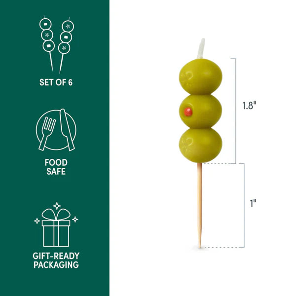 Dimensions of  one of the olive candles. Candle is 1.8" tall with a 1" toothpick at the base. Graphic says: Set of 6, Food Safe, Gift-Ready Packaging