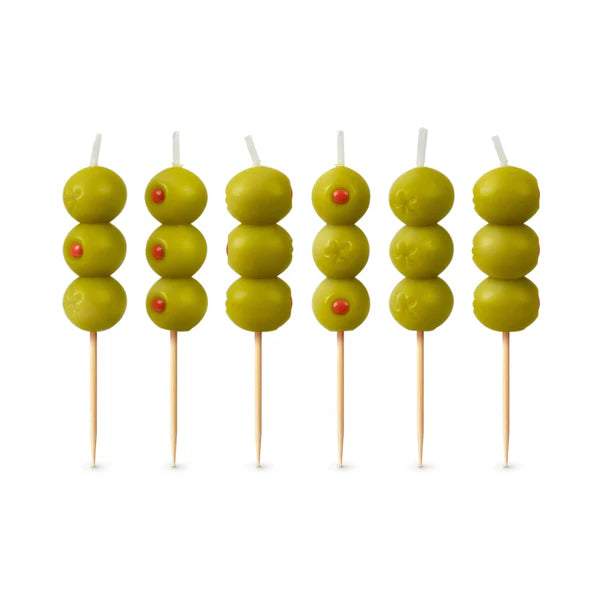 Set of 6 candles that look like 3 green olives with pimentos on a toothpick