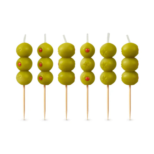 Set of 6 candles that look like 3 green olives with pimentos on a toothpick