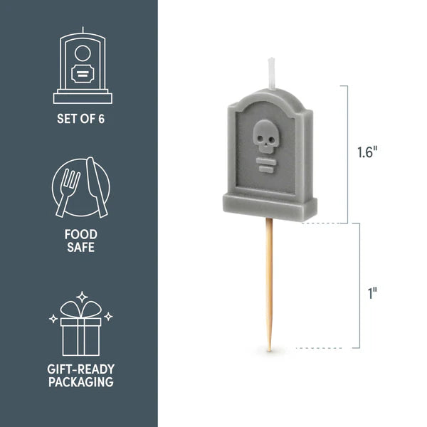 Dimensions:  candle is 1.6" tall on 1" toothpick. Graphic says: Set of 6. Food Safe, Gift-Ready Packaging