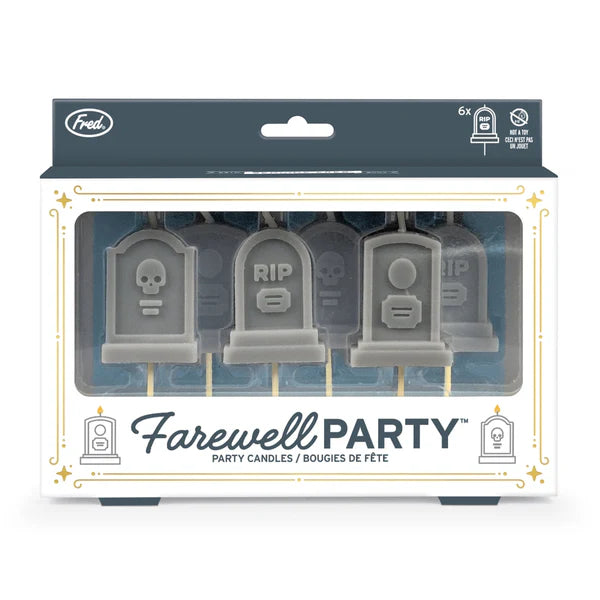 Packaging of 'Farewell Party' party candles with gray tombstone-shaped candles inside.