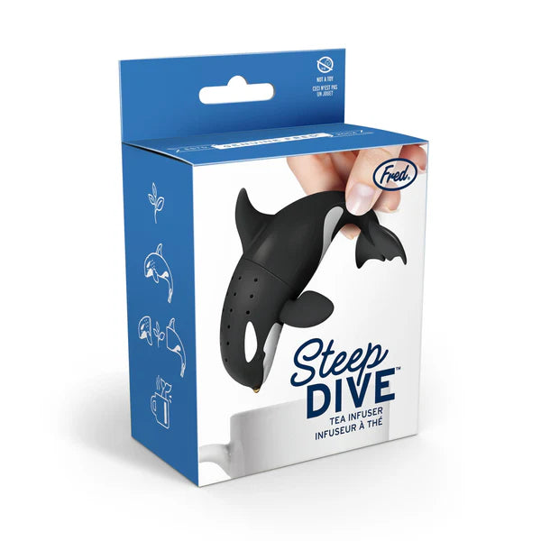 Tea infuser packaging says "Steep Dive Tea Infuser" with a hand holding the orca tea infuser by the tail