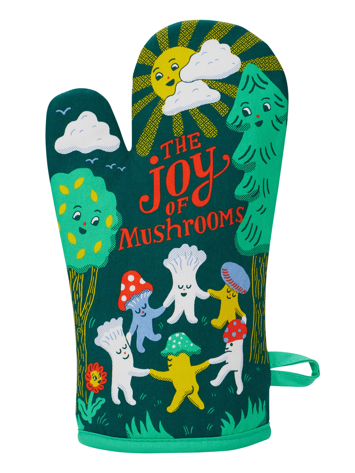 A single oven mitt with a whimsical woodland mushroom illustration and the text 'The Joy of Mushrooms' on a white background.