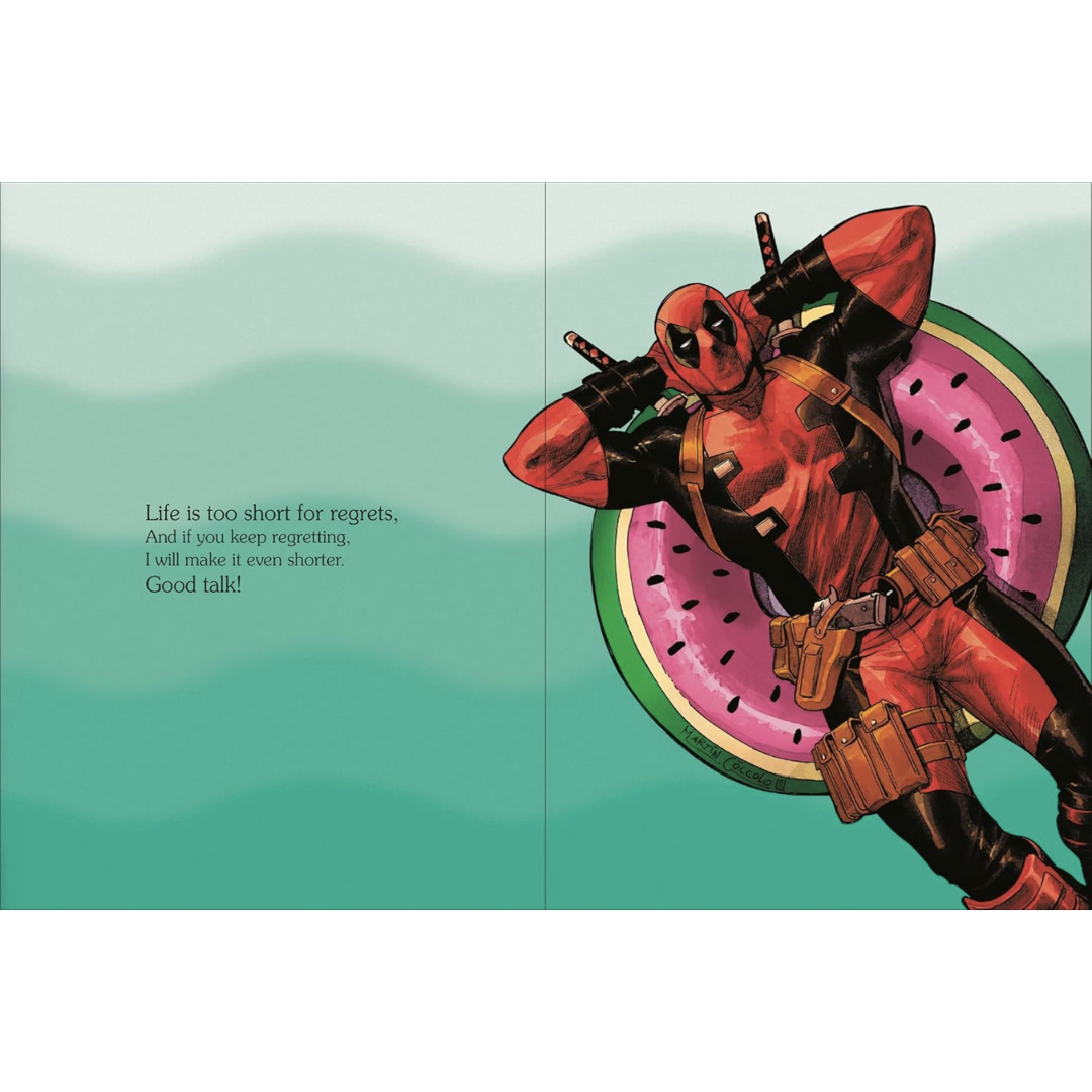 Sample page with Deadpool floating in a pool on a watermelon pool float with text "Life is too short for regrets, and if you keep regretting I will make it even shorter. Good talk!"