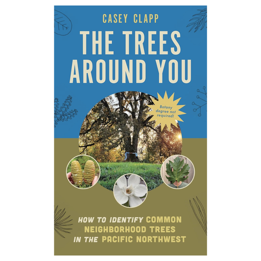 Cover of 'The Trees Around You' by Casey Clapp with images of trees and plants on a blue and green background.