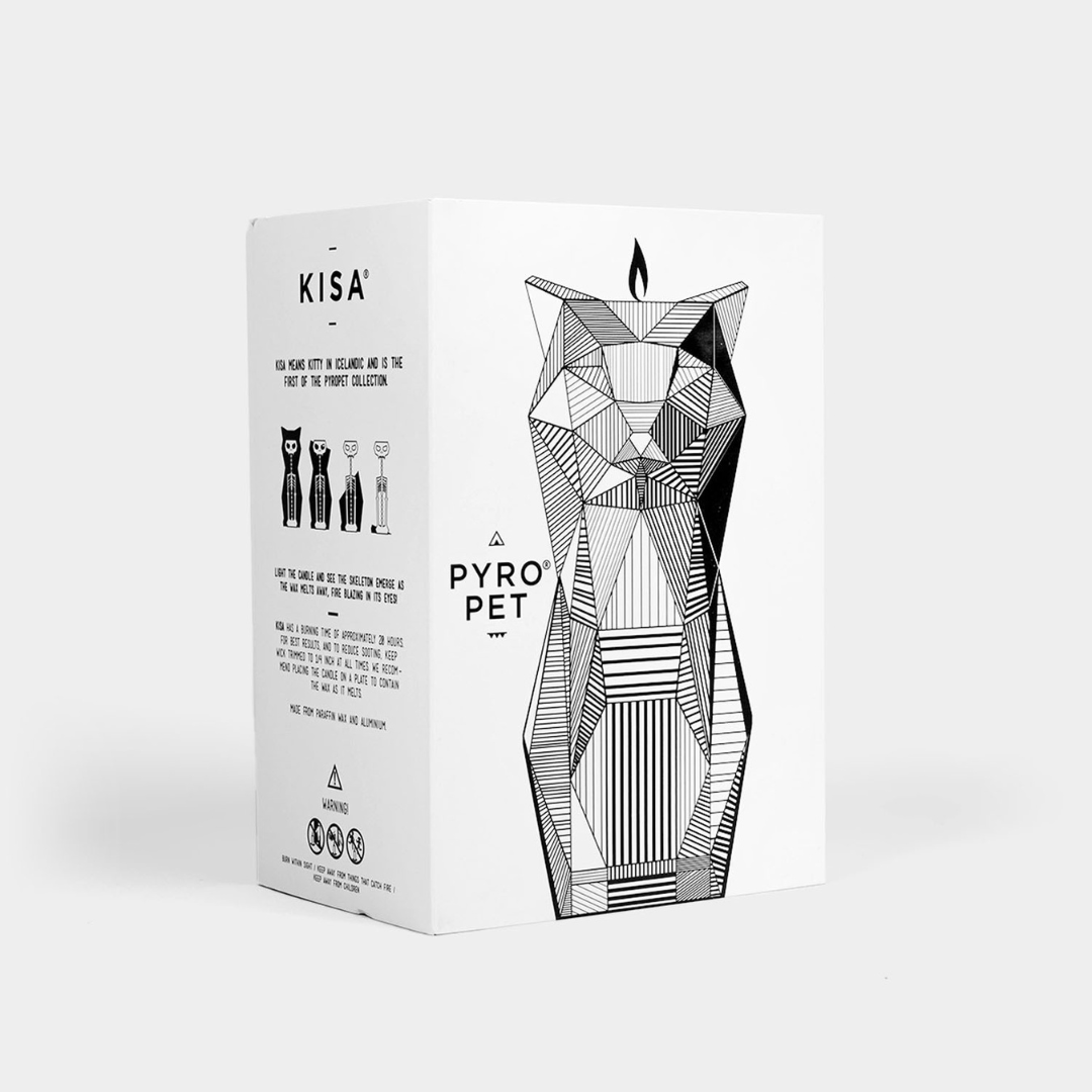 Packaging of cat shaped candle: a white box with black writing and graphic.