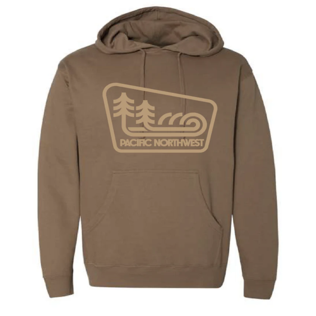 Brown hoodie with 'Pacific Northwest' logo 