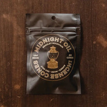 Load image into Gallery viewer, brown package of incense cones by bradley mountain brand with lantern illustration and scent &quot;midnight oil&quot; printed on it
