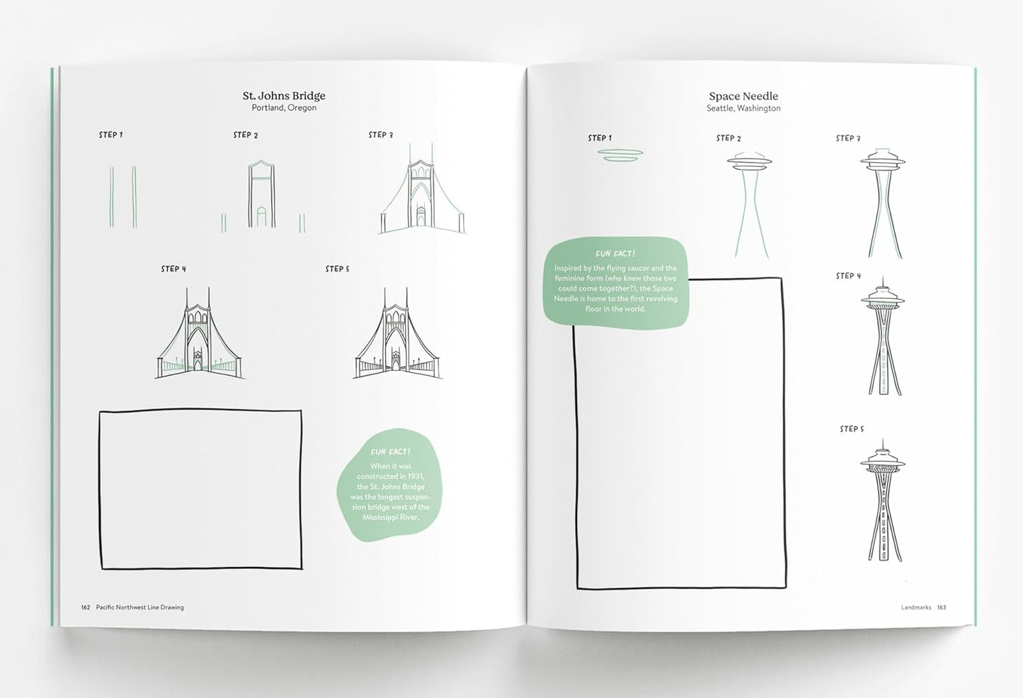 Sample pages from Pacific Northwest Line drawing featuring Portland's St Johns Bridge and the Space Needle