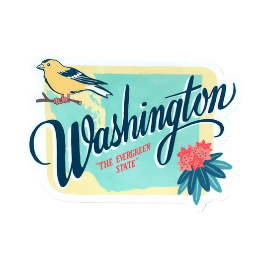 Washington "The evergreen state" sticker featuring the shape of Washington in light blue against a yellow background with our state bird and flower.