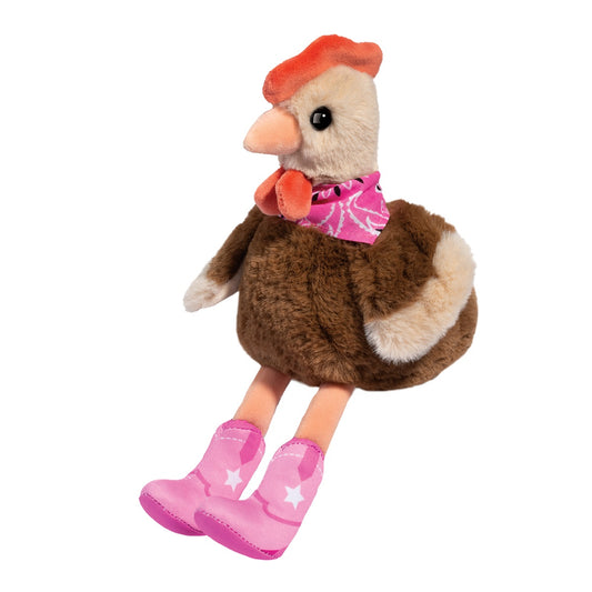 Plush brown chicken toy with long legs in pink cowboy boots and a pink bandana.