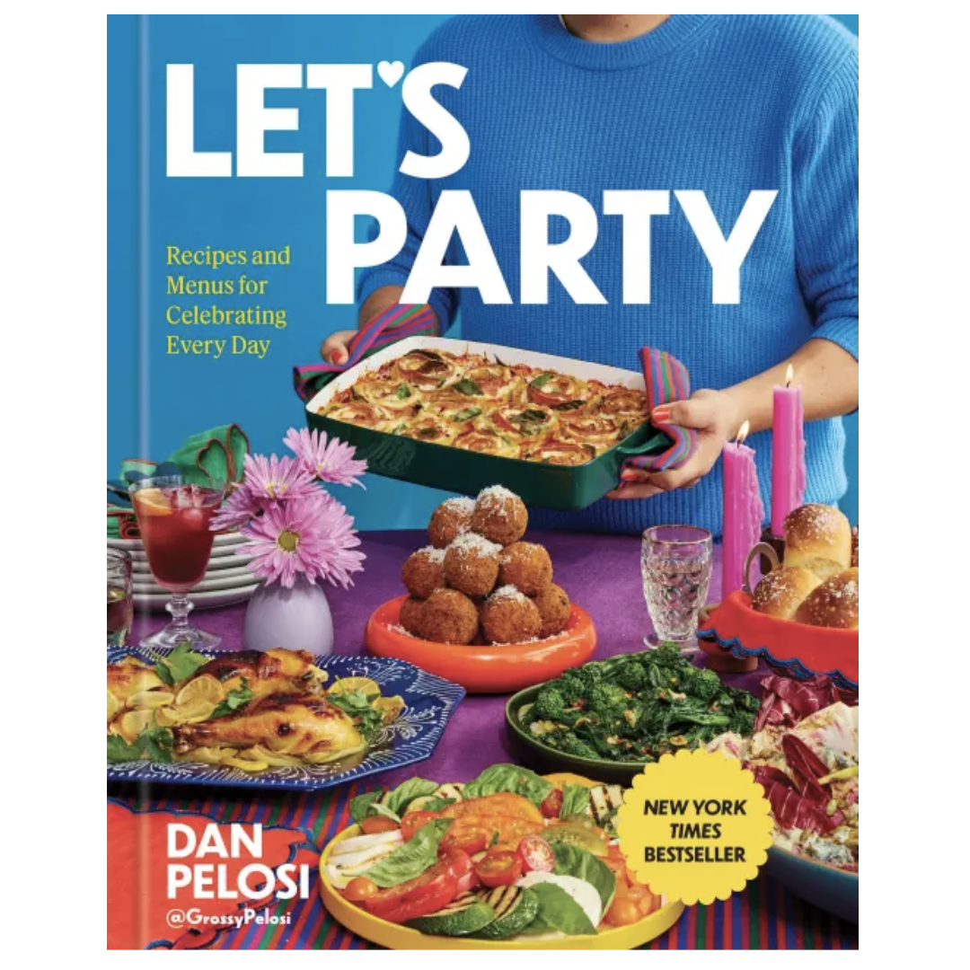 The cover fro "Let's Party- Recipes and menus for celebrating every day" shows a person bringing a lovely casserole to a table set for a party covered in a variety of tasty foods. 