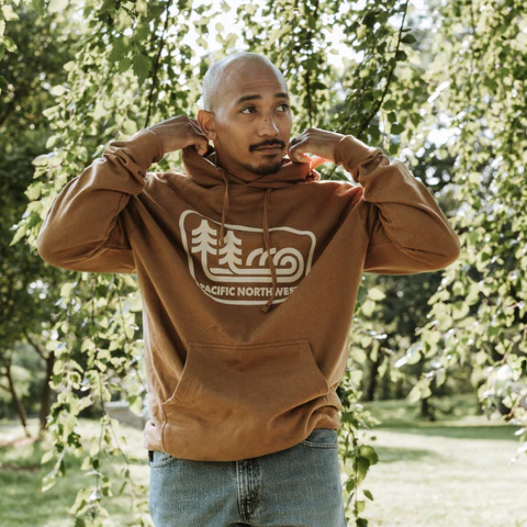 Model wearing the hoodie outdoors