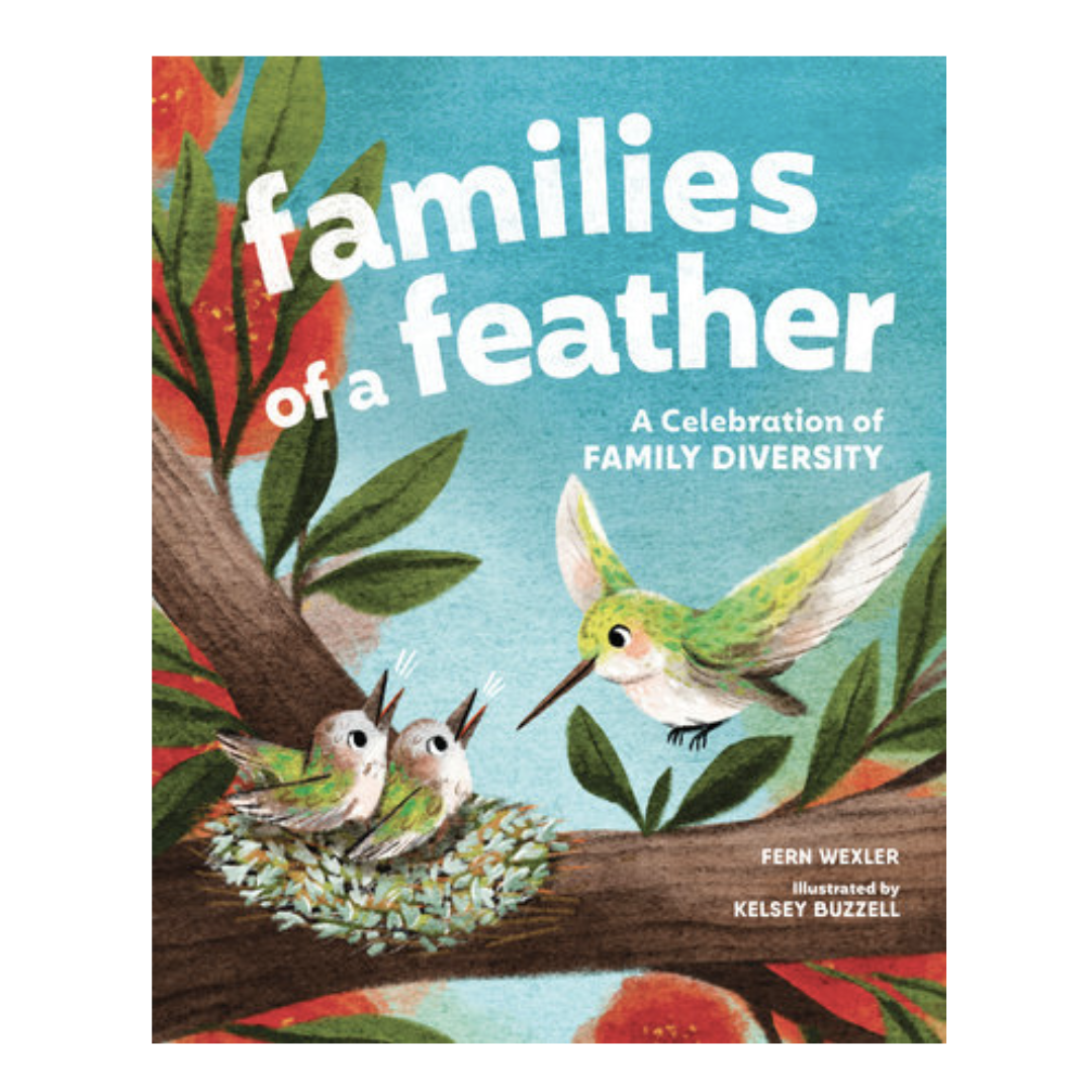 Book cover of 'Families of a Feather' with birds and a nest on a colorful background