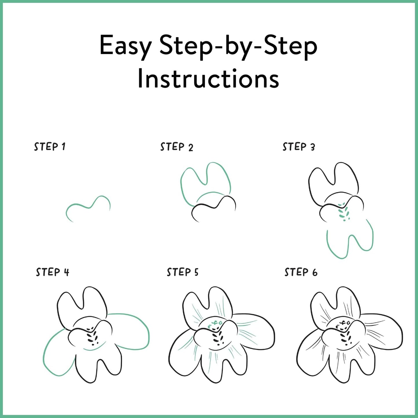 "Easy step-by-step instructions" with how to draw a flower in 6 steps