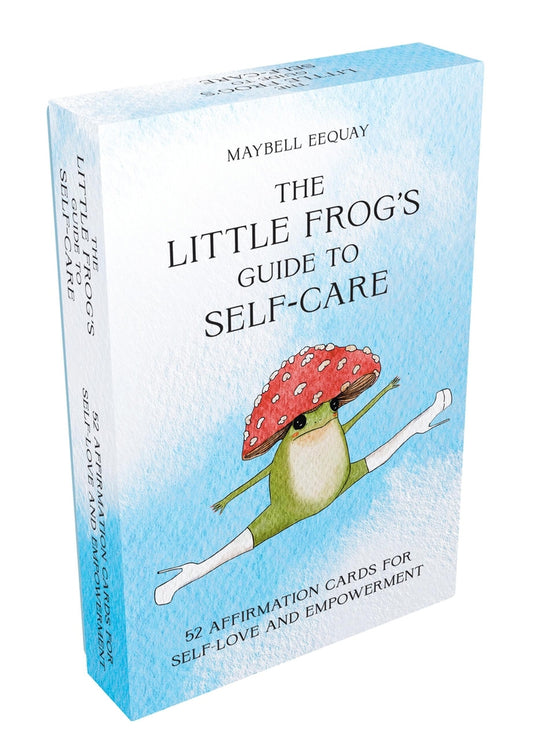 Card deck packaging titled 'The Little Frog's Guide to Self-Care' by Maybell Equay
Box features a card in thigh high super tall boots with a mushroom hat leaping across the sky.