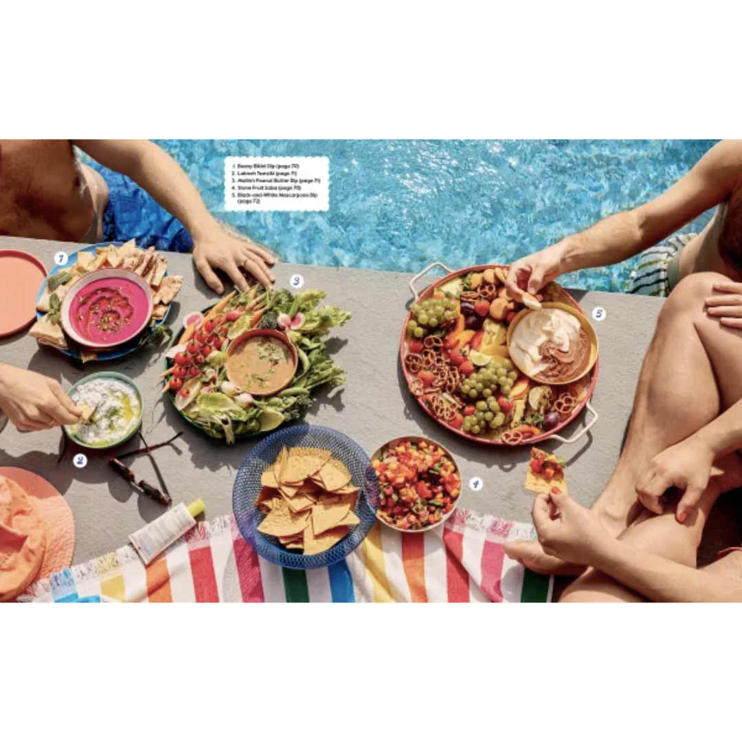 Sample pages from "Lets Party" show people enjoying nibbles by the pool.