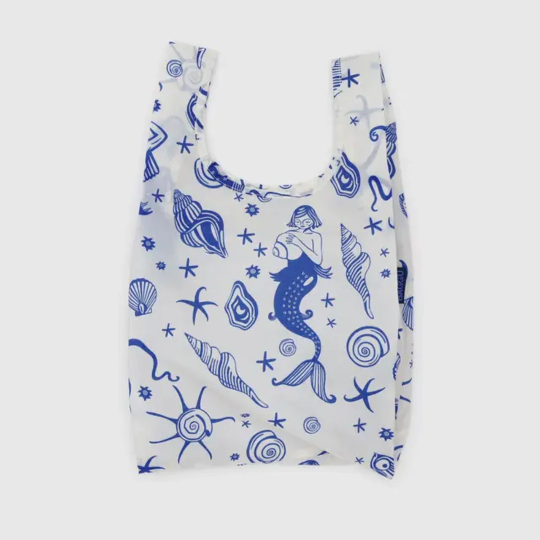 Small Baggu shopping bag decorated with white with blue mermaids and sea life