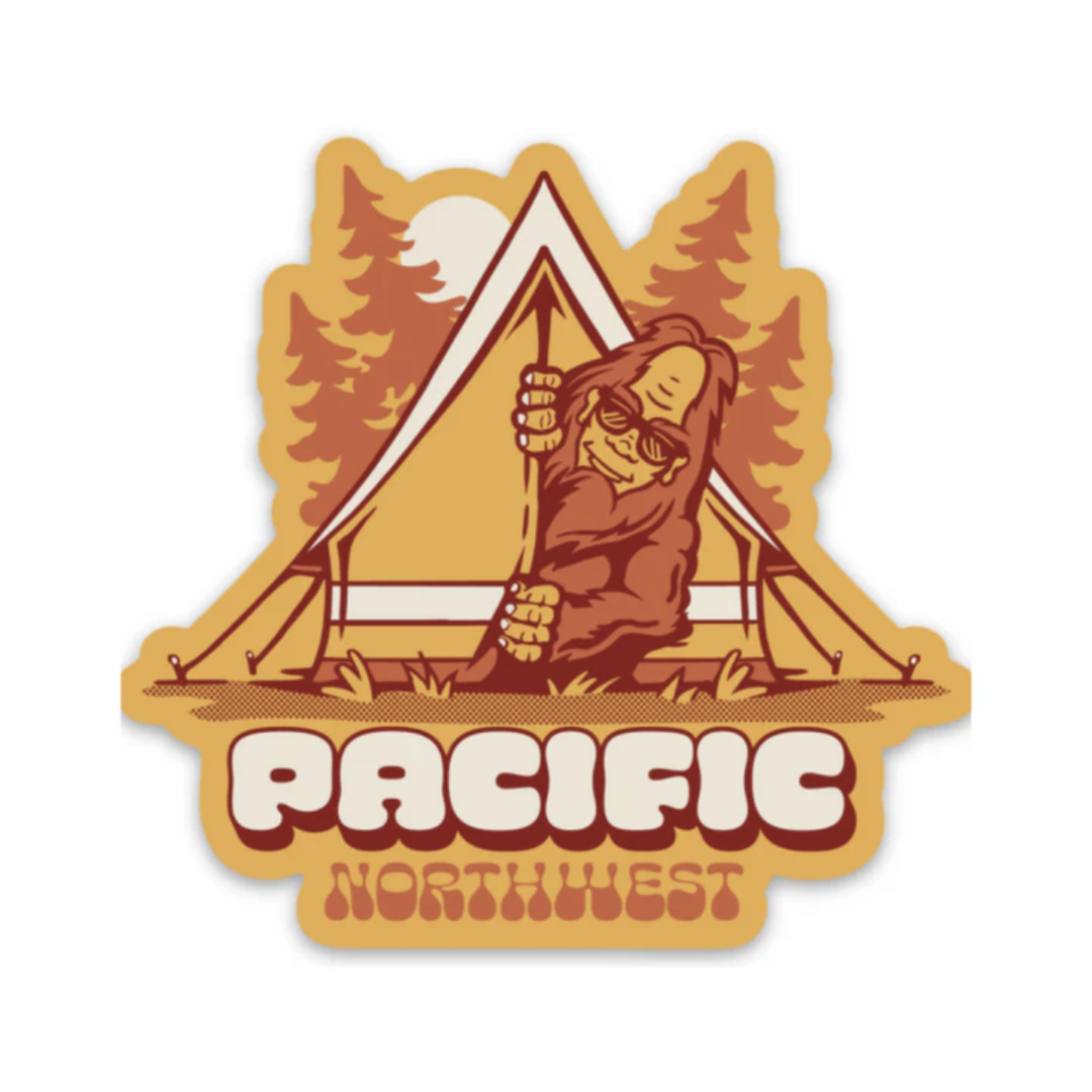 Sticker with Sasquatch in a tent and 'Pacific Northwest' text in shades of yellow and orange