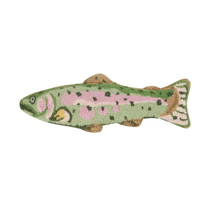 Trout shaped wool hook pillow is green, pink, and brown with a bit of yellow... like a trout