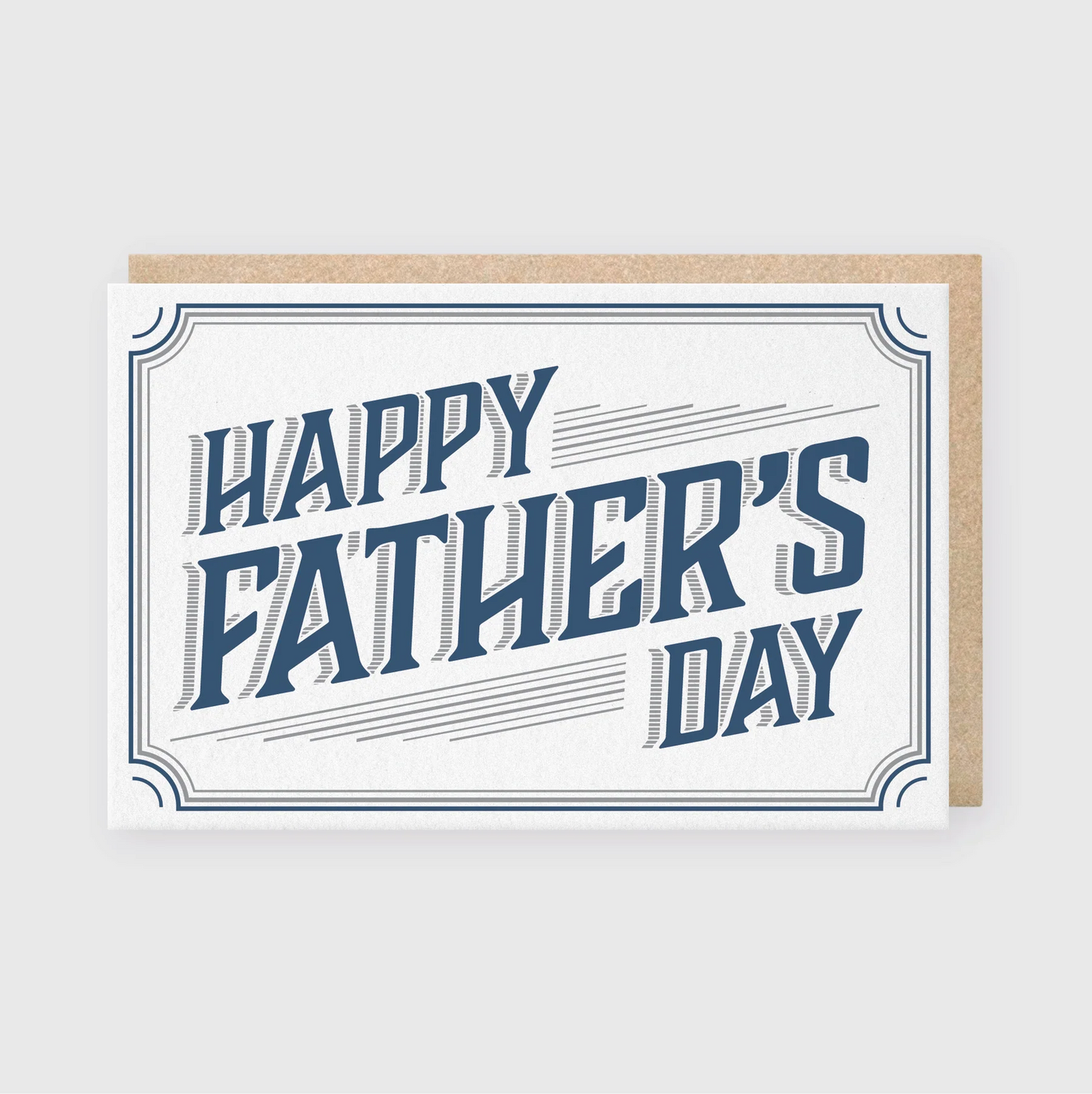 Father's Day card that reads "Happy Father's Day" in a blue and gray classic font with a shadow effect and a boarder around the card