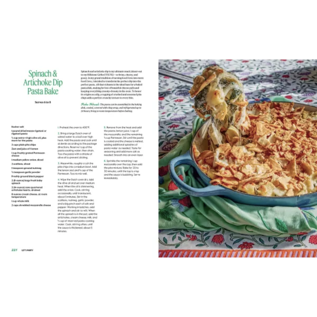 Sample page from "let's Paty" shows "Spinach & Artichoke Dip Pasta Bake"