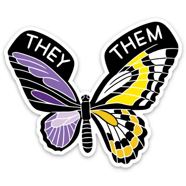 Sticker with black and white butterfly, with left wing purple and right wing yellow, words "they" and "them" in white text over the wings